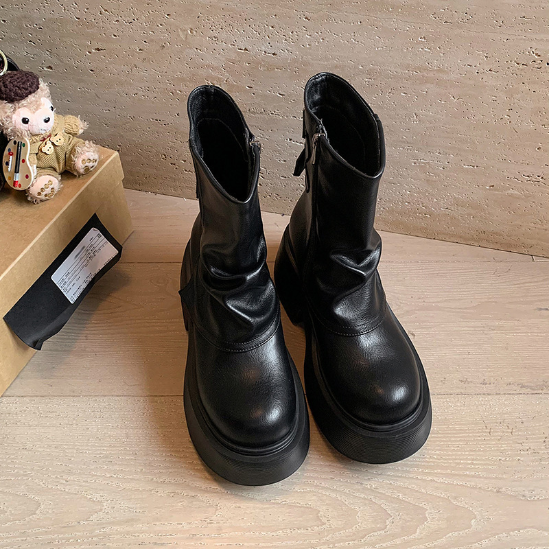 Boot nữ da bò cổ thấp gót xuồng khóa kéo bên hông — Lớp lót đơn màu đen, Lớp lót đơn màu nâu, Lót nhung đen, Lót nhung màu nâu