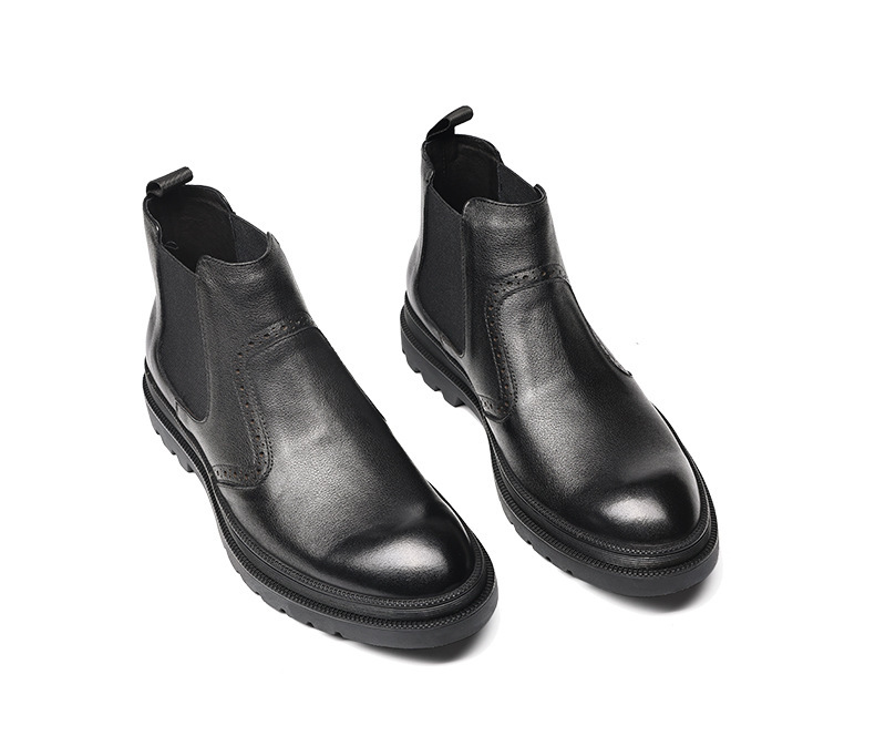 Boot Chelsea nam cổ trung da bò mềm lót nhung giữ ấm mũi tròn — Màu đen, Màu đen lót nhung, Màu xám nhạt