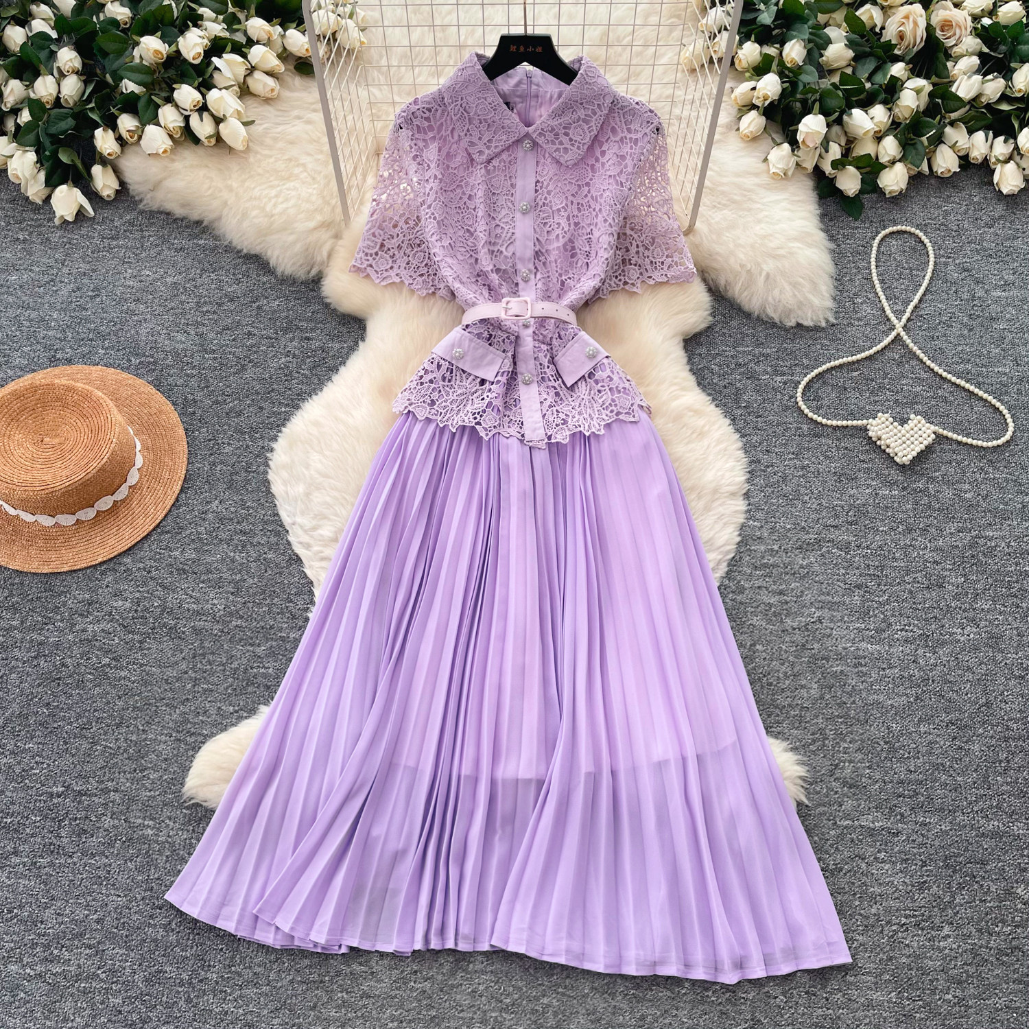 A Line Lace Panel Dress Summer Waist Defining Pleated Elegant Perfect for Work or Casual Occasions Wholesale