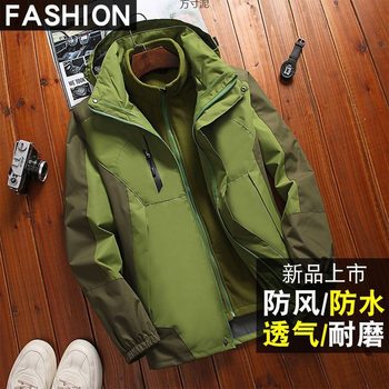 Three-in-one Jacket Two-piece Set for Men Outdoor Fleece-lined Thickeneding Plus Size Detachable Jacket with Printed One Piece Wholesale