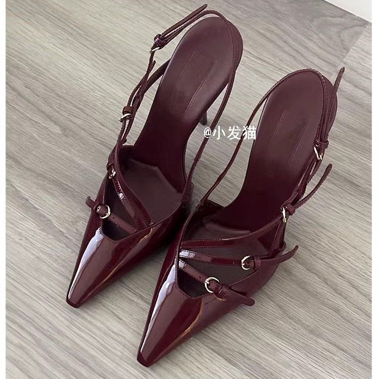 2024 New Style Toe Patent Leather Buckle Strap Cat Heel Sandals Women's Sexy Black Silk Pointed Stiletto Heel High Heels