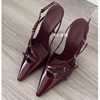 2024 New Style Toe Patent Leather Buckle Strap Cat Heel Sandals Women's Sexy Black Silk Pointed Stiletto Heel High Heels