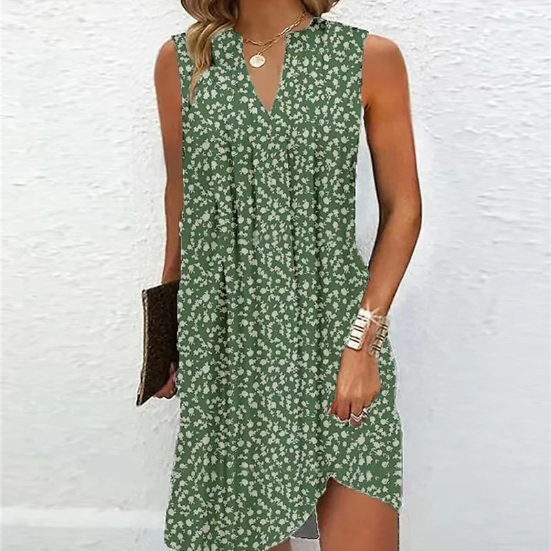 A Line Sleeveless Dress Multi Color V Neck Floral Print Summer Casual Wear Ready to Ship bulk order