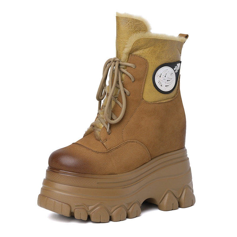 Boot Nữ Cổ Lông Đế Dày Chiều Cao Đế Khoảng 12cm Da Mờ Màu Nâu, Đen