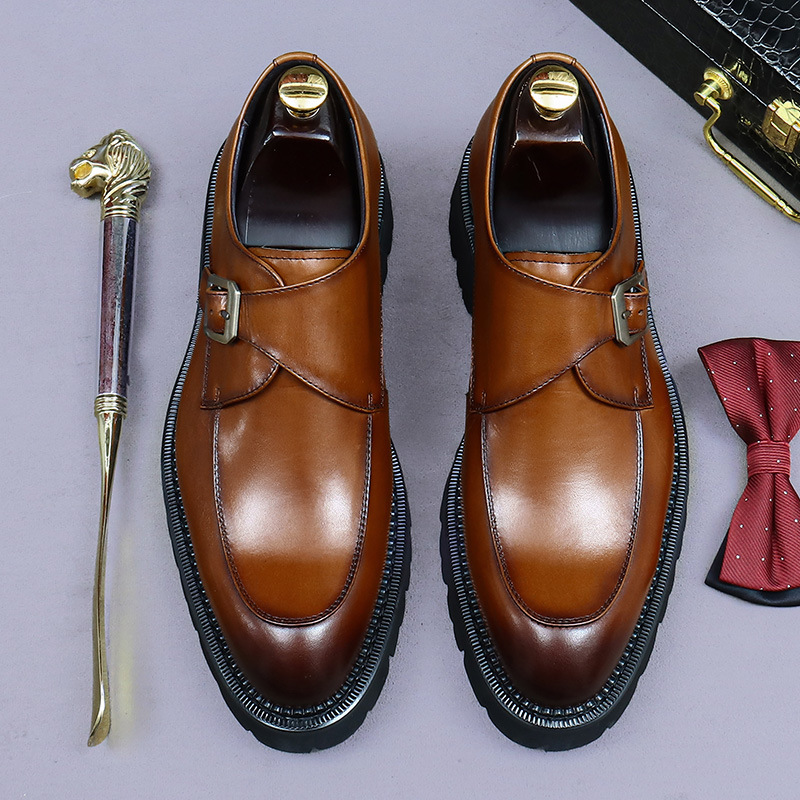 Giày monk strap nam da bò mũi tròn khóa thủ công — nâu, đen