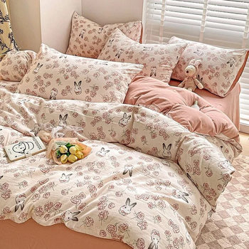 Ins Quilt Cover Full Set Four-Piece Set Three-Piece Quilt Washed Cotton Bed Sheetss College Dormitory Bedding