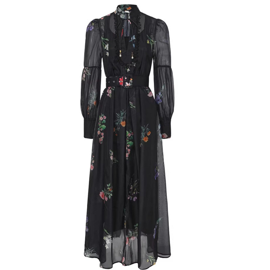 Chiffon Floral Dress Lightweight Sweet Lace Lantern Sleeves Waist Tie Flared Skirt Autumn Fashion Wholesale