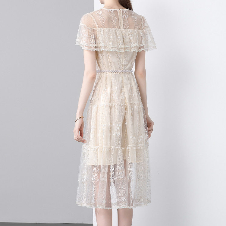 French High End Womens Dress Summer Design Lace Ruffle Trim Waist Defined Elegant Evening Gown Wholesale