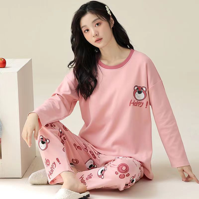 大量批发睡衣女春秋款长袖秋冬季家居服女加大码简约宽松套装外穿