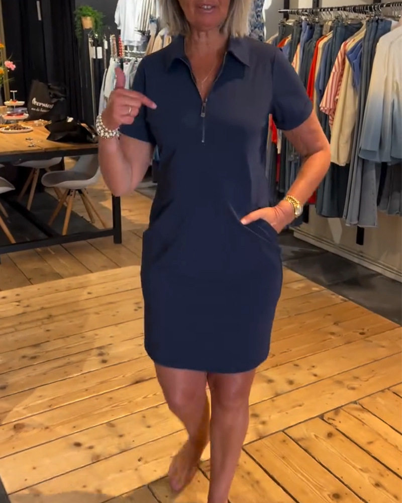 Summer Casual Dress Short Sleeve Zipper Closure Solid Color Stylish for Everyday Wear Wholesale Available