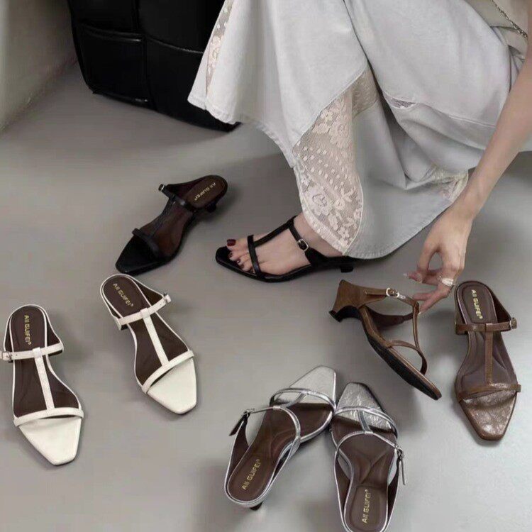 Thin-heeled French silver slippers for women sandals niche flip-flops high-end sandals for women