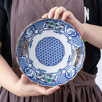 Japan Imported Blue Dye Auspicious Pattern Ceramic Tableware Japanese Style Hefeng Ceramic Deep Plate Wavy Edge Ceramic Bowl Rice Bowl