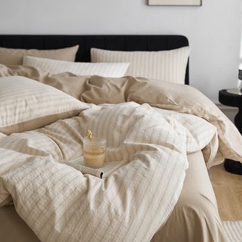 Class A_yarn-dyed washed cotton stripe simple Japanese cotton four-piece set of student dormitory bed cotton three four-piece set