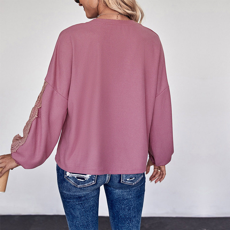 Lace V Neck Long Sleeve Top Solid Color Autumn Style European and American Fashion Wholesale Available