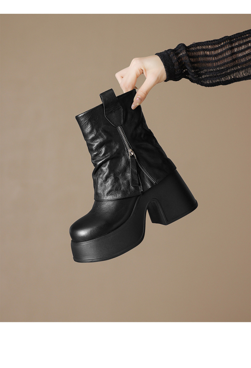 Boot nữ cổ ngắn gót thô tăng chiều cao 10cm, da bò thật, đế dày — Lớp lót đơn màu đen, Lớp lót đơn màu nâu, Lót nhung đen, Lót nhung màu nâu