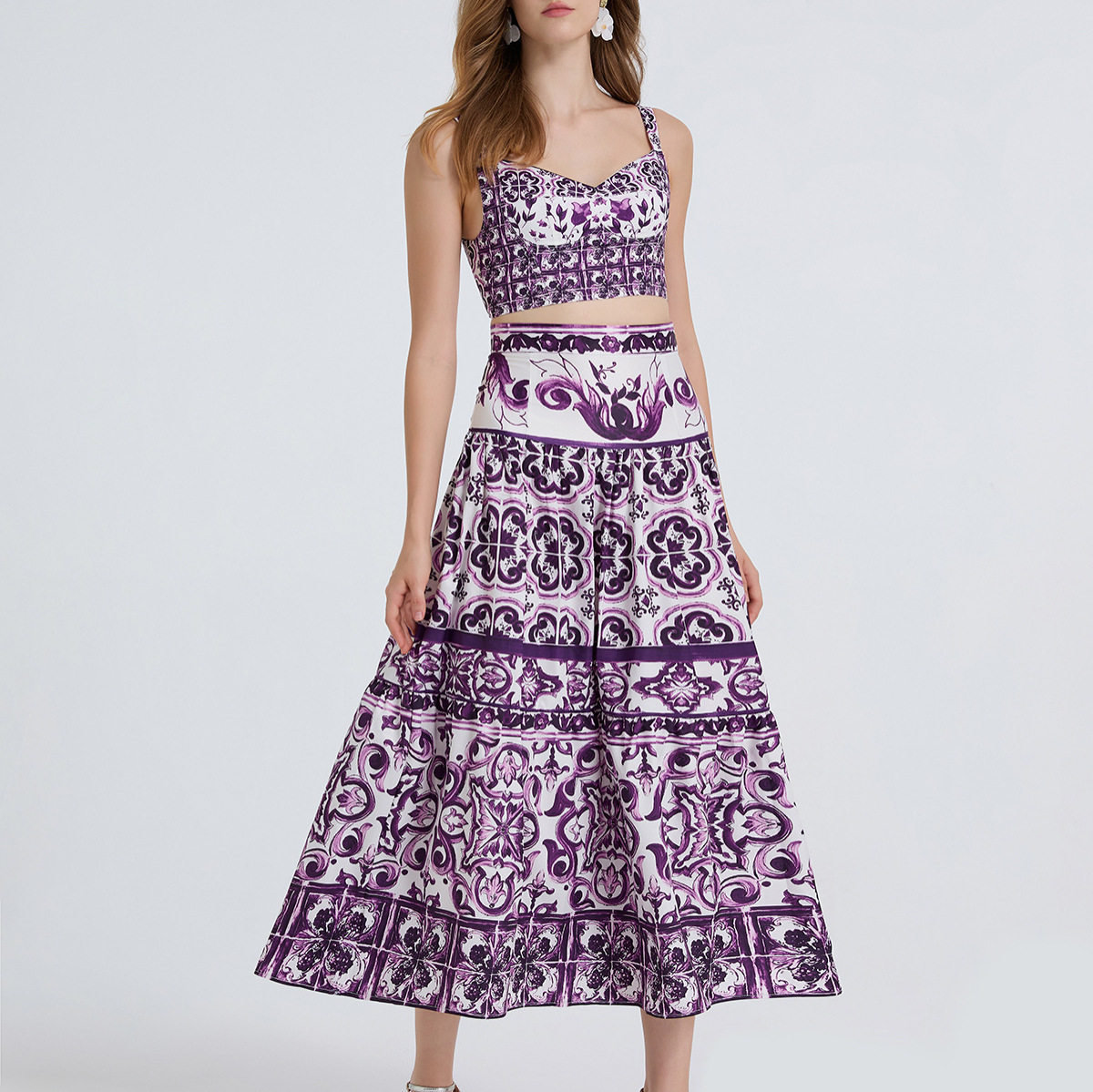 Floral Print Two Piece Set Sleeveless Crop Top High Waisted Midi Skirt Summer Casual Wear Wholesale Available