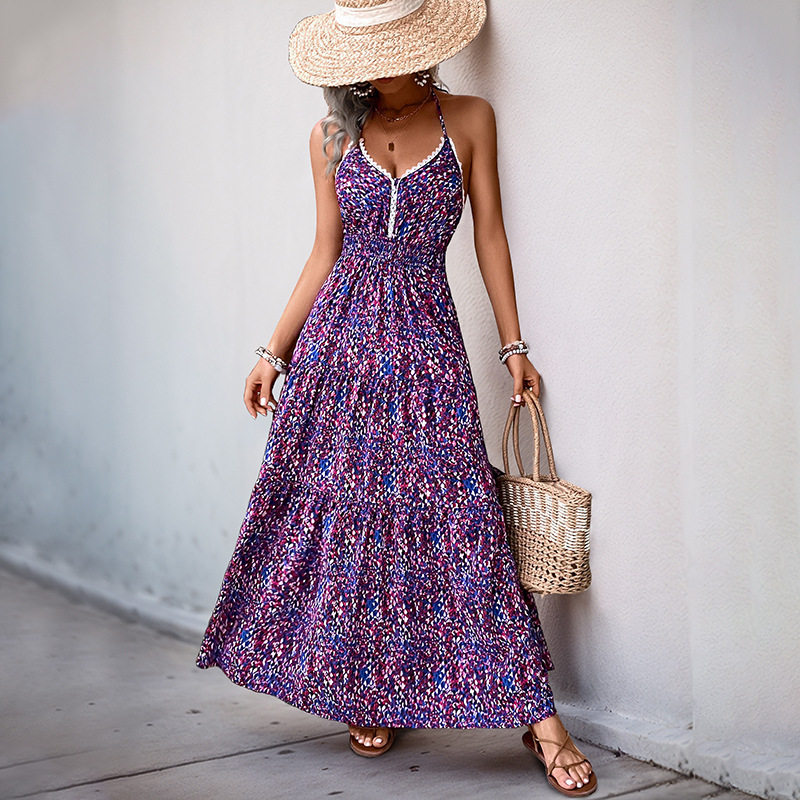 Floral Backless Maxi Dress V Neck Sleeveless Beach Vacation Style Lightweight Summer Fabric Wholesale Available