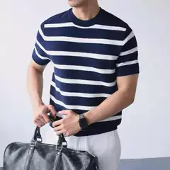 New Striped Short-Sleeve Knit Shirt for Men, Summer Ice Silk British Business Slim-Fit Inner T-Shirt, Foreign Trade Cross-Border Wholesale