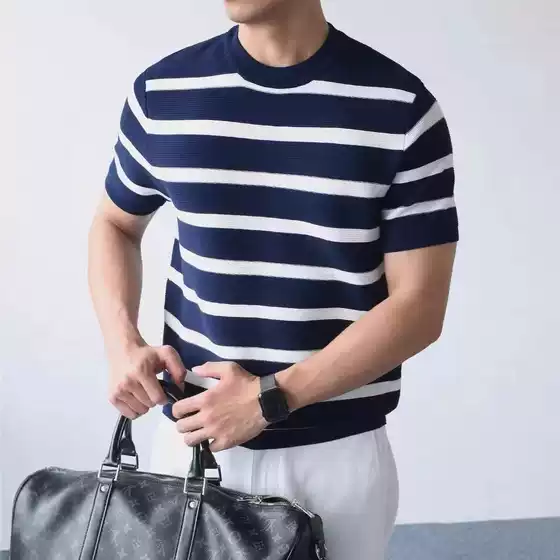 New Striped Short-Sleeve Knit Shirt for Men, Summer Ice Silk British Business Slim-Fit Inner T-Shirt, Foreign Trade Cross-Border Wholesale