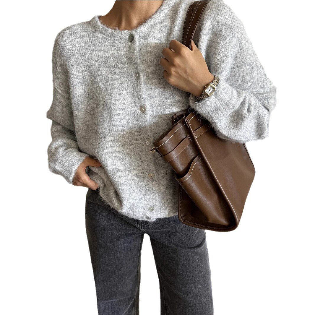 Womens Vintage Grey Wool Cardigan Soft Knit Versatile Button Closure Casual Wear Fall Winter Wholesale