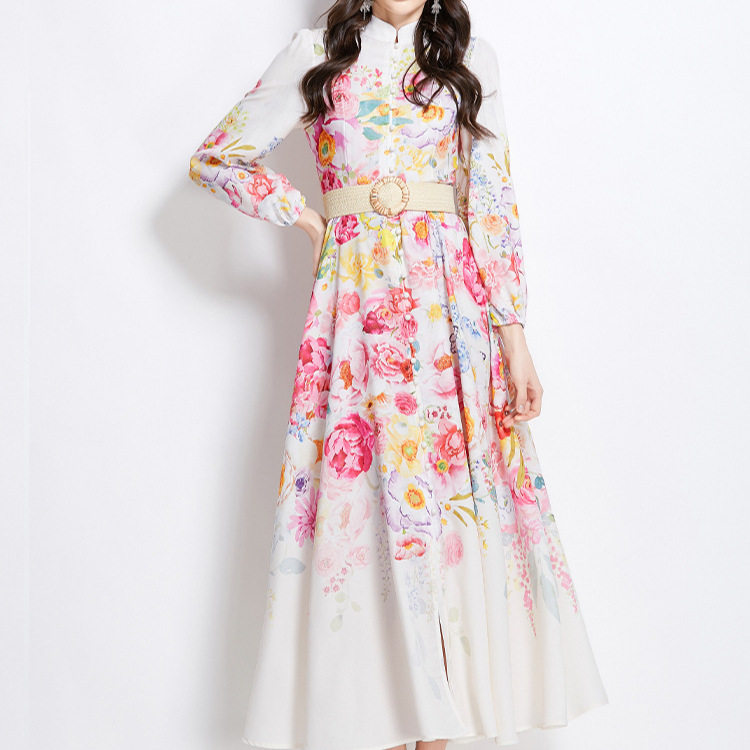 Vintage Floral Print Long Dress Stand Collar Lantern Sleeves Waist Defined Elegant Style Spring Fashion Wholesale