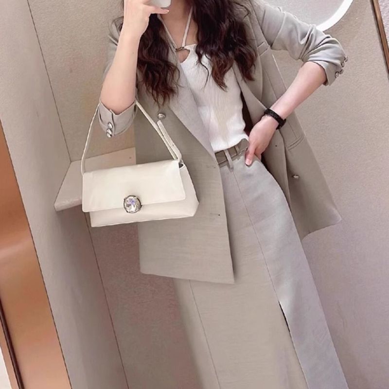 Chic Grey Blazer and Skirt Set Tailored Fit Elegant Style Professional Look Perfect for Spring Business Attire