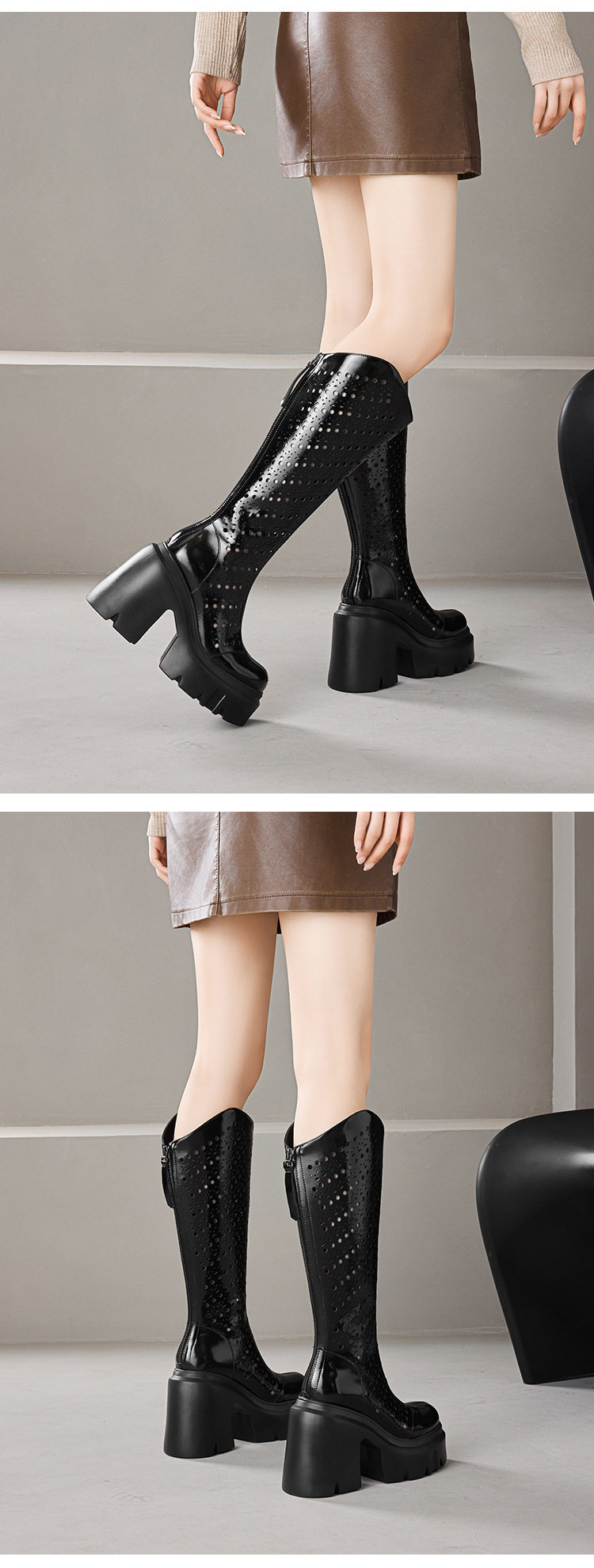 Boot nữ cổ thấp da láng thoáng khí gót cao 8 cm — [Màu hồng đào], [Màu đen] chi tiết 7