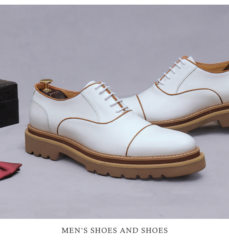 Giày Oxford nam da bò thật mũi tròn ba đường may, giày công sở và giày cưới — màu đen, Màu trắng, Màu be