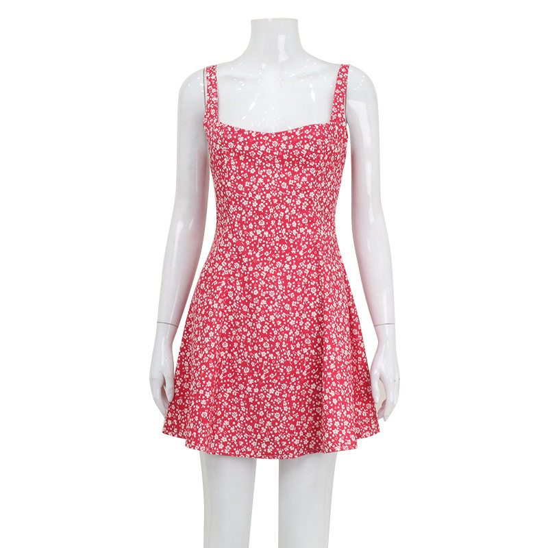 Summer Womens Fashion Floral Print A Line Dress Square Neck Backless Sweet and Fresh Perfect for Casual Outings