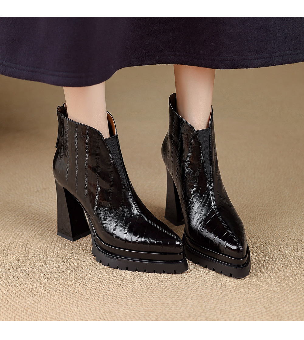 Boot nữ cổ thấp mũi nhọn gót thô đế dày da bò khoá kéo phía sau — Lớp lót đơn màu đen, Lớp lót đơn màu nâu, Lót nhung đen, Lót nhung màu nâu