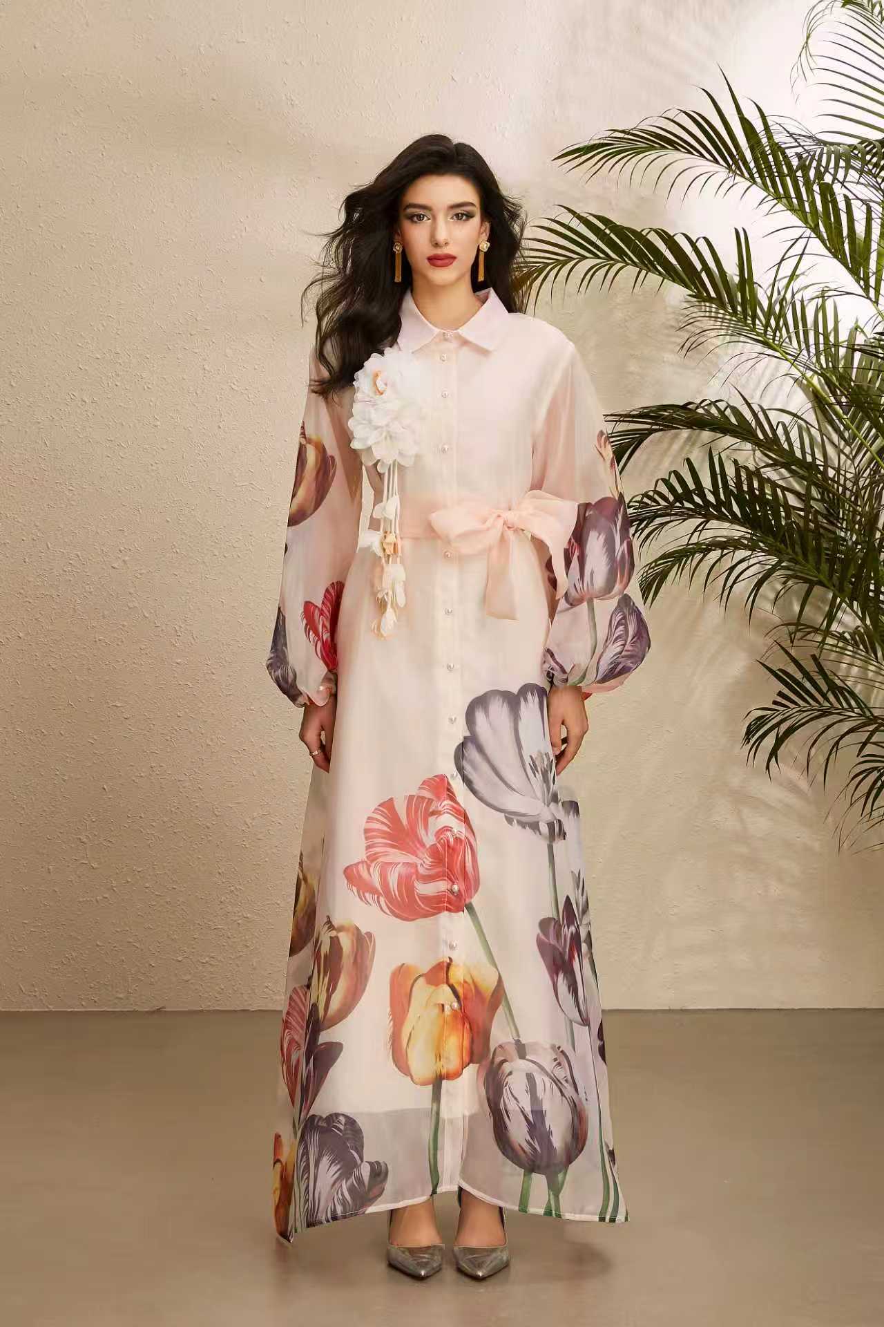 Vintage Floral Print Puff Sleeve Maxi Dress for Women Autumn Waist Tie Design Elegant Style Wholesale Available