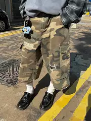 American Style Retro Multi-Pocket Patch Ripped Camouflage Shorts Men's and Women's High Street Loose Straight Casual All-Match Cropped Pants
