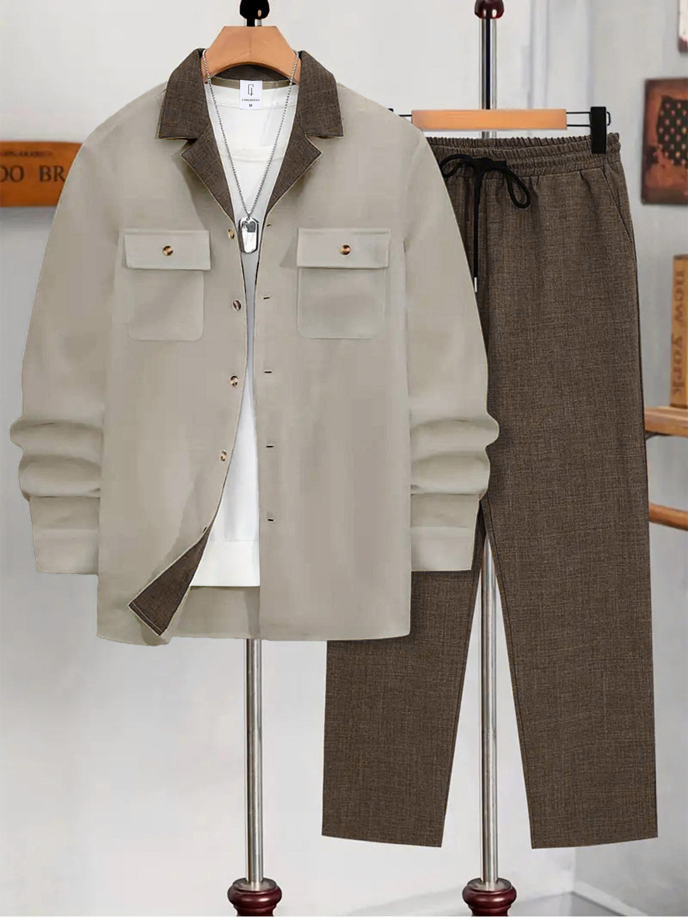 外贸男士春秋套装撞色西装领礼服开扣长袖衬衫长裤休闲两件套批发