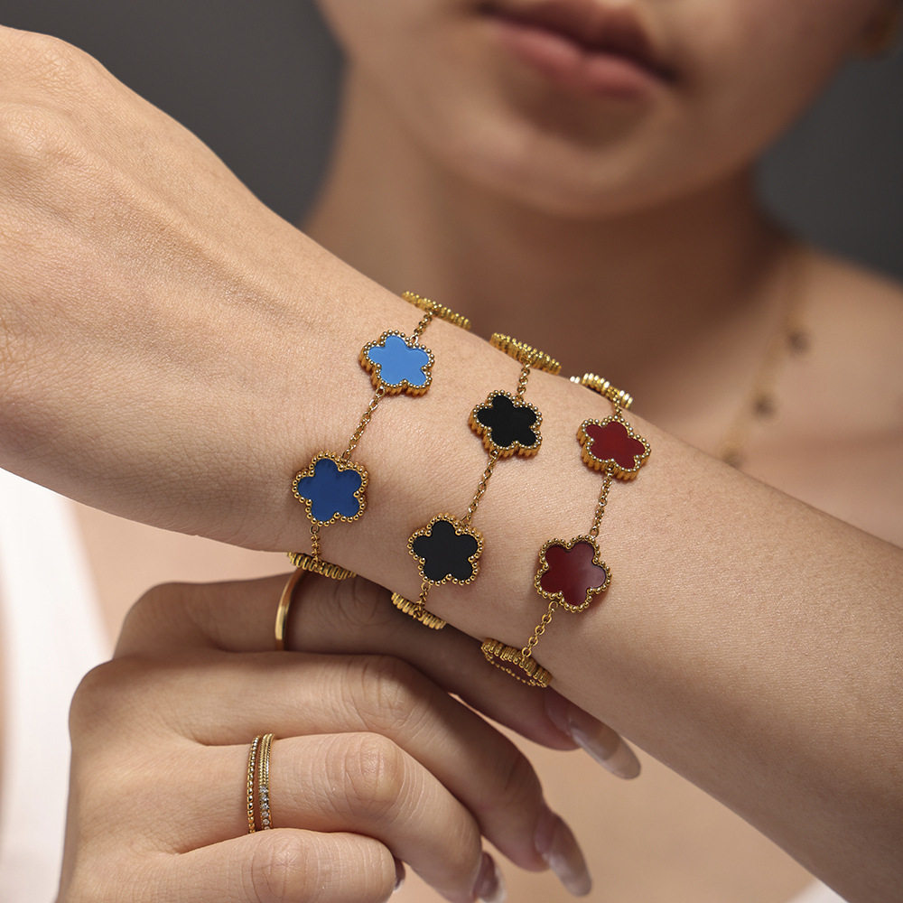 Sugar Multicolor Agate Five-leaf Flower Stainless Steel Bracelet Light Luxury Elegant Flower Chain Bracelet Cross-border in stock Wholesale