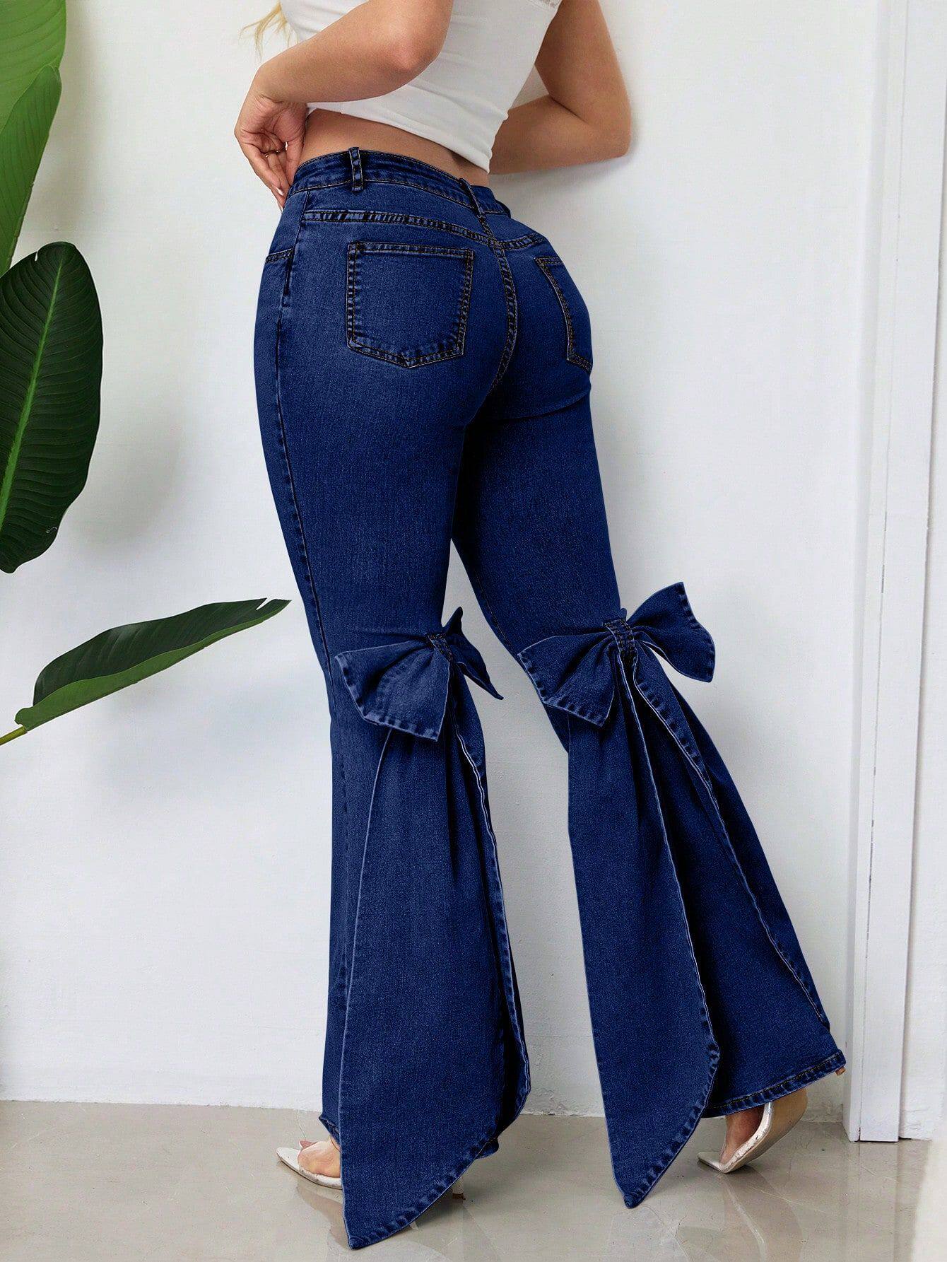 High Waisted Flared Jeans Vintage Style 3D Bow Detail Slim Fit Stretch Fabric Casual Wear Wholesale Available
