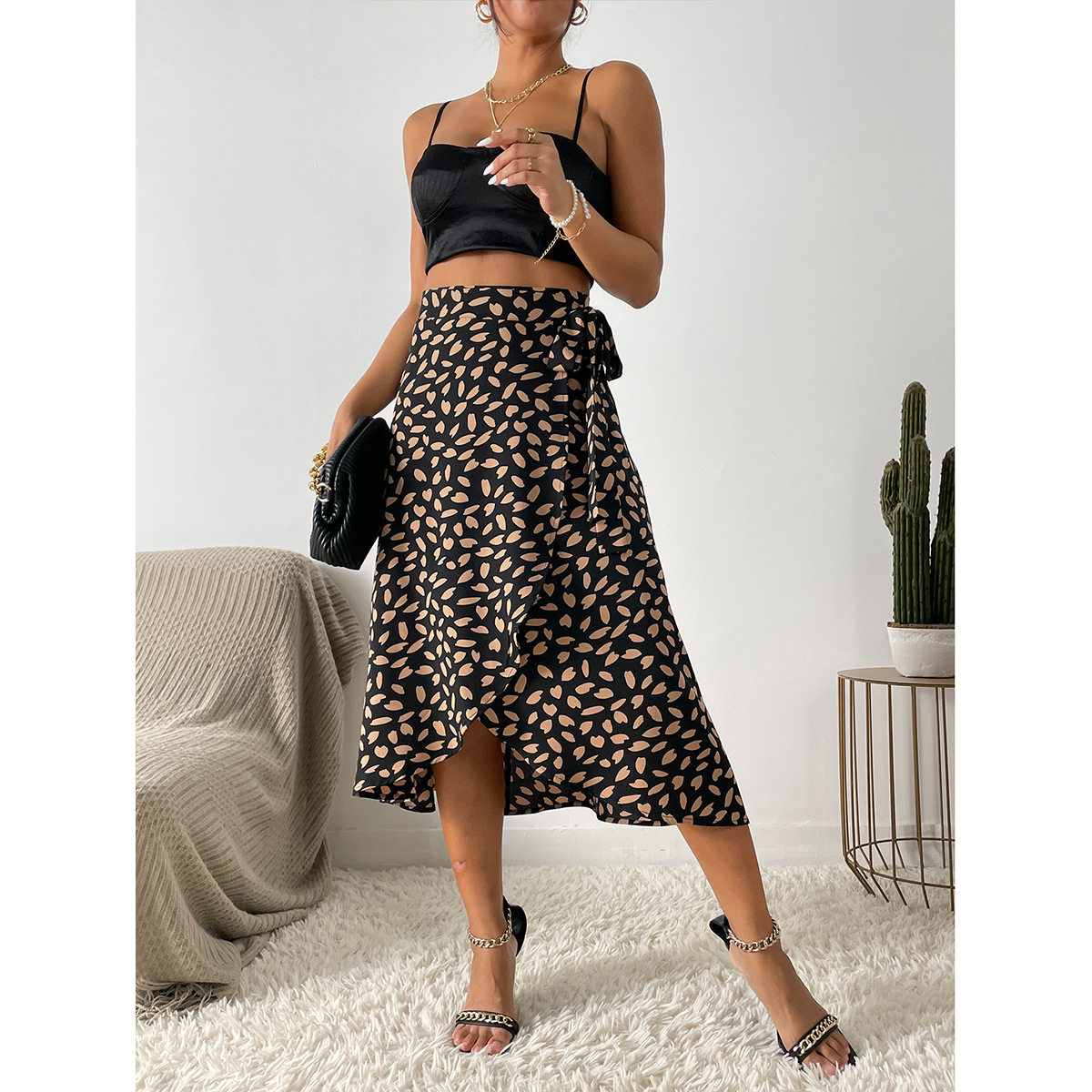 Polka Dot Print Split Hem Midi Skirt Casual Versatile Elegant Perfect for Daily Wear or Special Occasions Wholesale