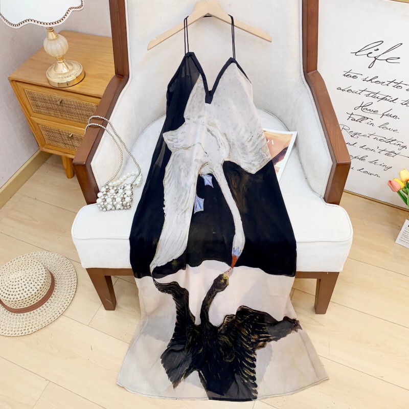Đầm suông nữ cổ V phối ren lưới họa tiết mực nước dáng dài — Màu nâu cà phê