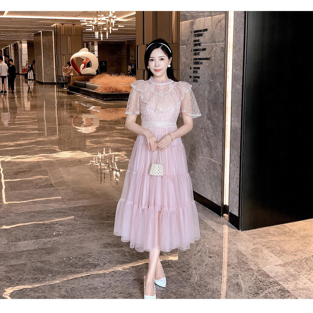French Style Sweet Heavy Beaded Lace Panel Waist Defined Tulle Puff Dress for Women Elegant Slim Fit Perfect for