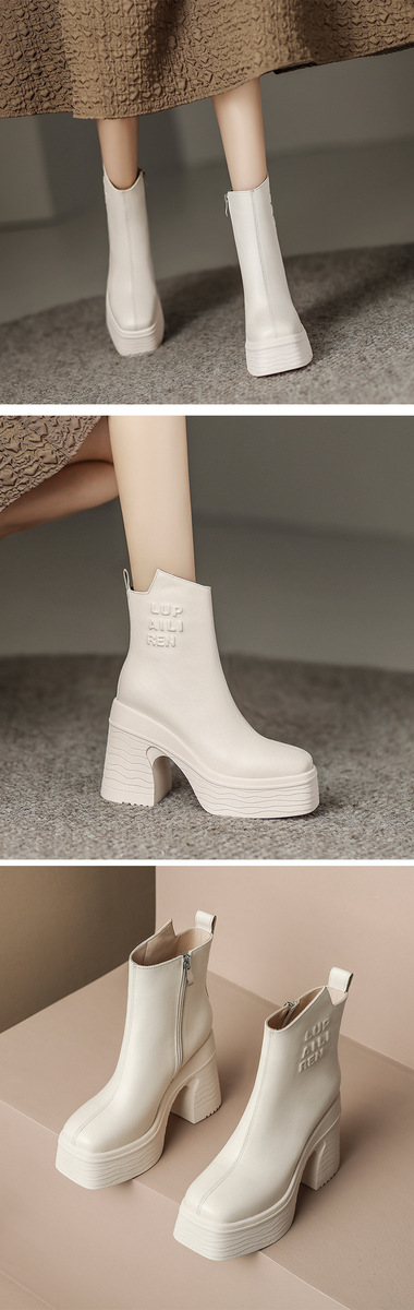 Boot Martin nữ cổ ngắn da bò thật, gót vuông đế dày tăng chiều cao, mũi vuông — Lớp lót đơn màu be, Lớp lót nhung màu be, Màu đen một lớp, nhung đen