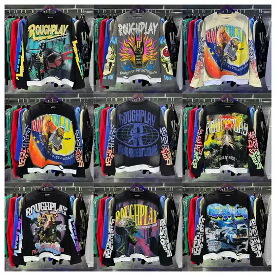 Roughplay Long-Sleeve Cross-Border Full-Print Graffiti Graphic Heavy-Duty Washed Vintage Style Unisex Top Trendy