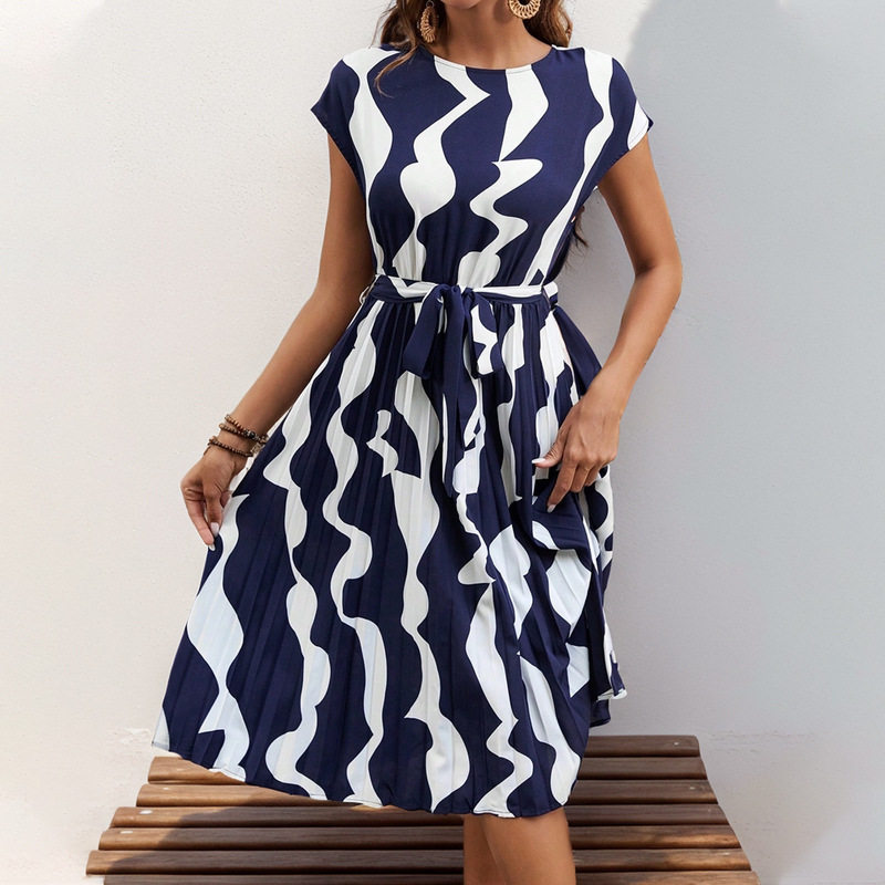 Elegant Abstract Print Pleated Dress Casual Beach Vacation Style Perfect for Summer Events Wholesale Available