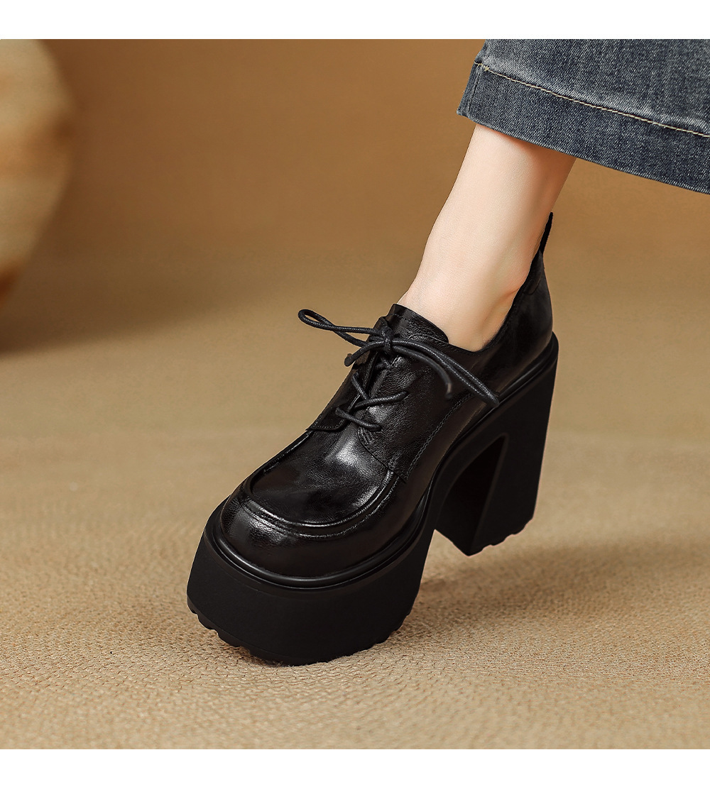 Giày lười nữ da cừu thắt dây gót cao 12cm đế xuồng — màu đen, màu nâu