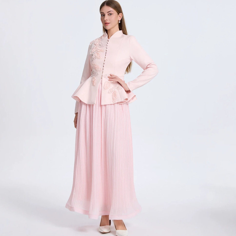 French Style V Neck Embroidered Jacket with High Waisted Pleated Skirt Elegant Lightweight Luxury Two Piece Set for Autumn