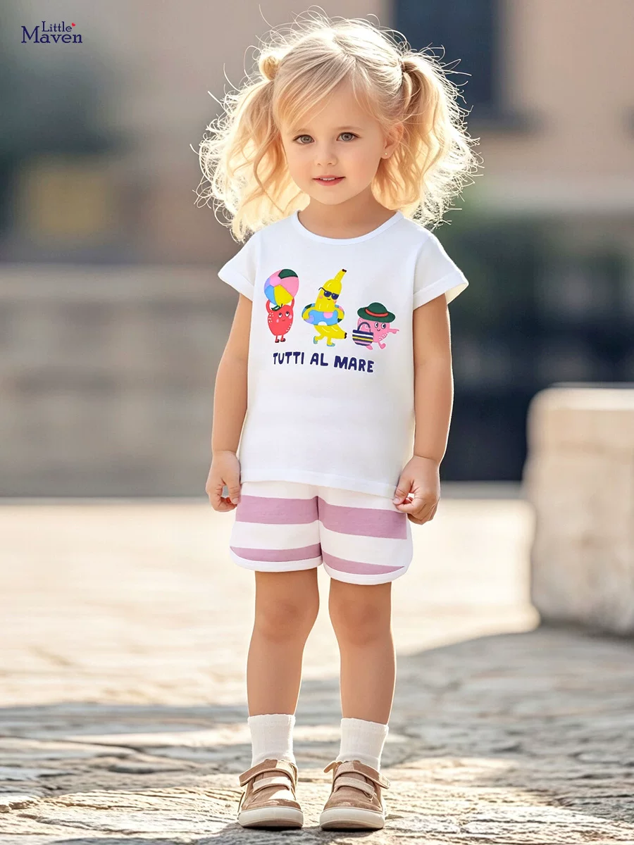 Style Girls' Set, Summer Cartoon Striped Kids' Outfit, Cute Baby Wear