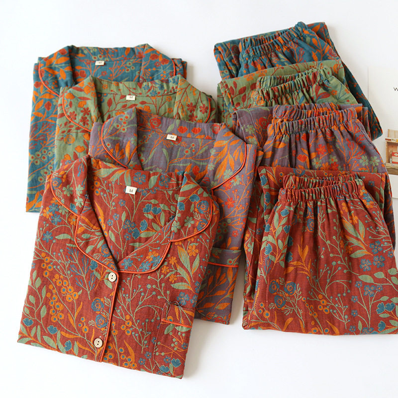 ชุดนอนผ้ากอซสองชั้นปกสำหรับผู้หญิงฤดูใบไม้ผลิฤดูร้อนและฤดูใบ...