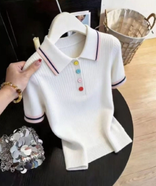巨好看绝美小个子漂亮polo领撞色针织短袖女彩色扣子显瘦气质上衣