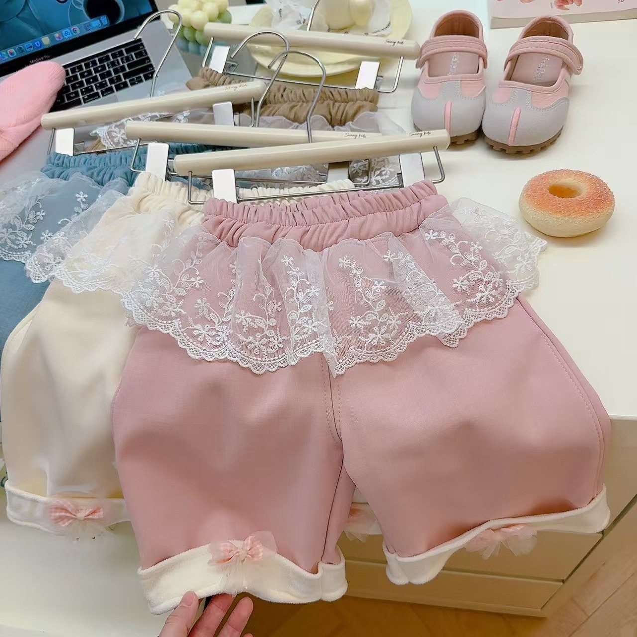 Children's Autumn & Winter Korean Style Wide-Leg Pants, Lace Casual Fake Skirt Hem Fleece-Lined Thickened Sweet Outerwear Trousers with Bow