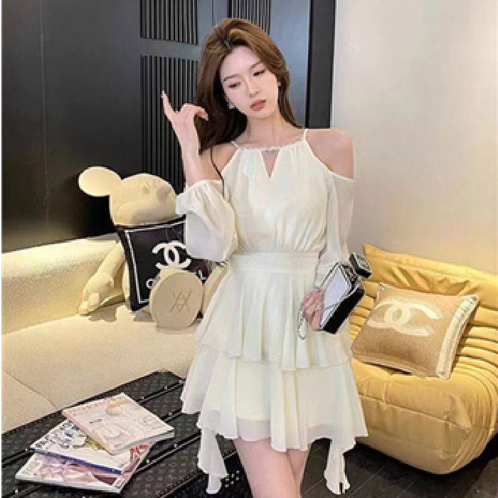 French Halterneck Off-Shoulder Chiffon Dress Fairy Spring and Summer Elegant High-End Seaside Vacation Beach Fluffy Skirt