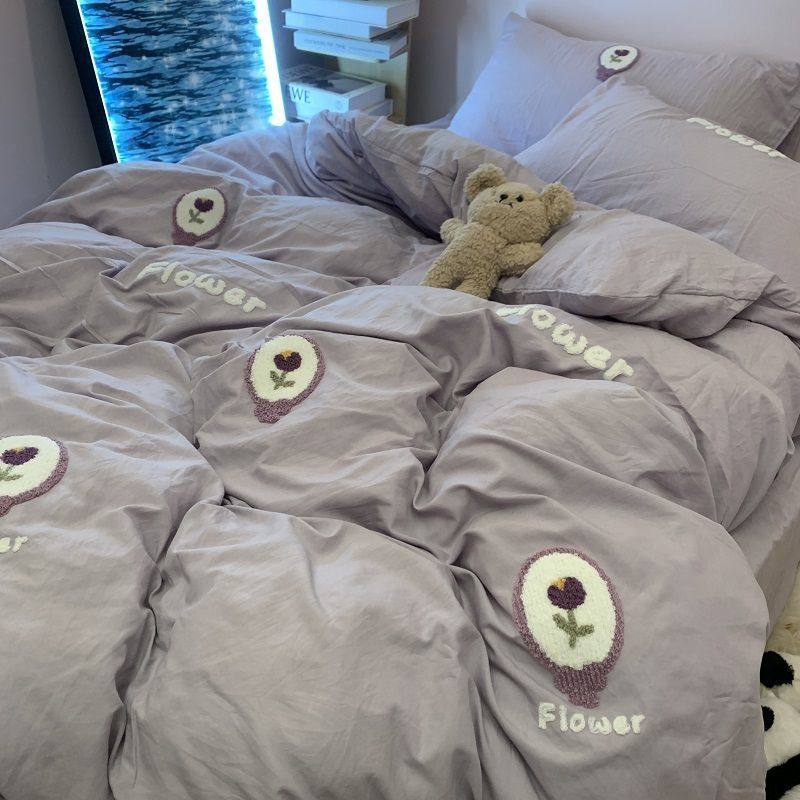 Ins Korean Embroidered Purple Tulip Quilt Cover Bedding Four-Piece Set Washed Cotton Dormitory Bed Bed Sheets Three-Piece Set