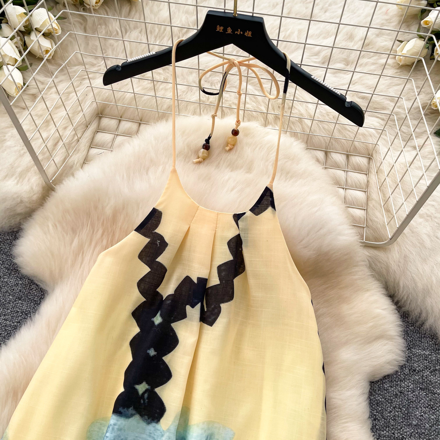 Yellow Floral Halter Maxi Dress for Women Summer Sexy Open Back Tassel Details Beachwear French Style Wholesale